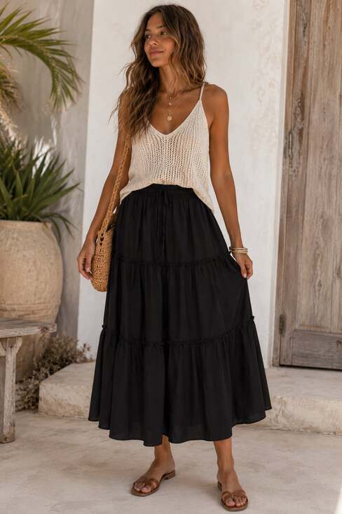 Unbranded Dresses & Skirts - Black Tiered Maxi Skirt Women’s Size Medium Boho Stretch Waist Lined